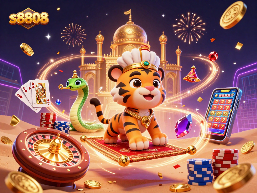 Experience dynamic slots and jackpots at s8808, surrounded by a vibrant Arabian-themed casino scene.