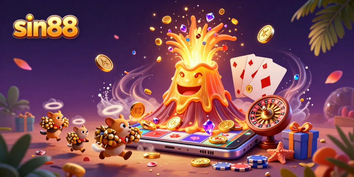 Spin to win with sin88 as golden treasure erupts from a cartoon volcano in an exciting casino scene.
