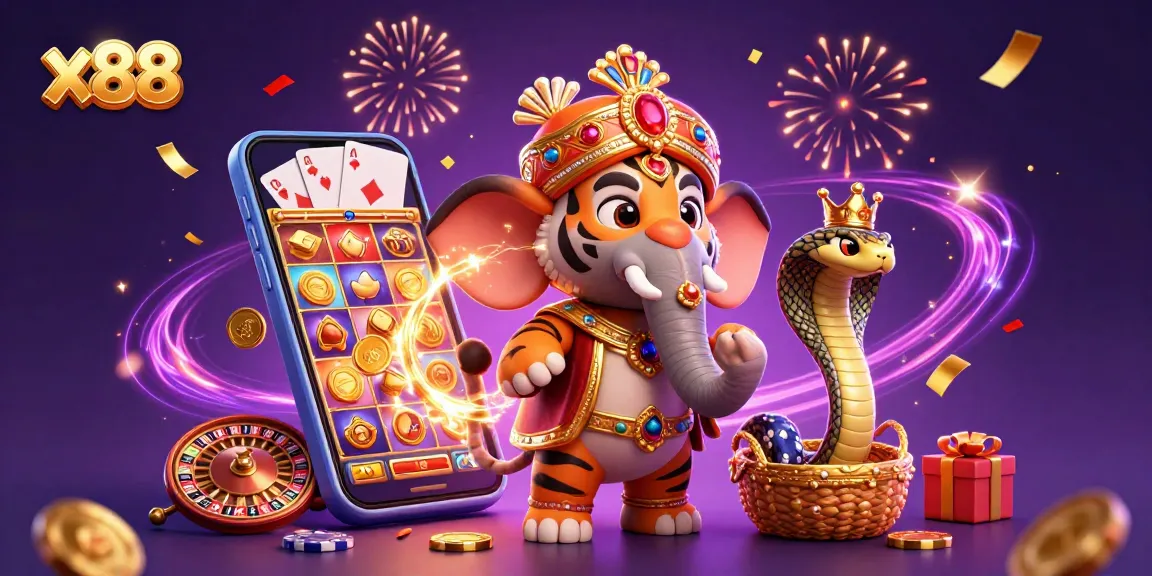 The tiger at x88 rides an ornate elephant while showcasing colorful slot games amid festive confetti.