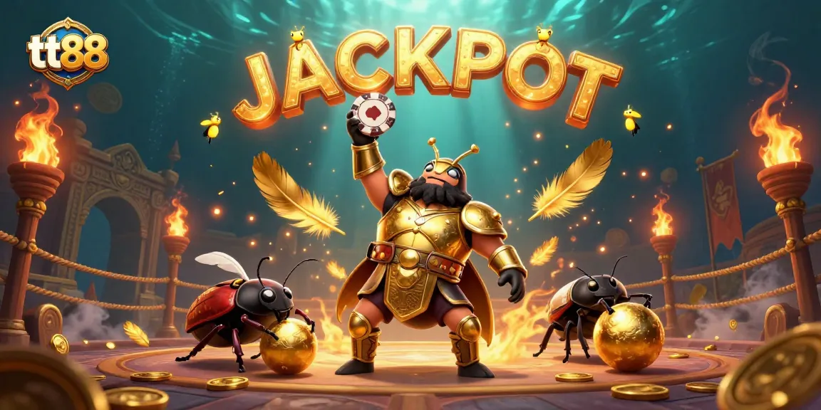 Win with tt88 as a cartoon beetle lifts a poker chip amidst a dynamic casino scene.