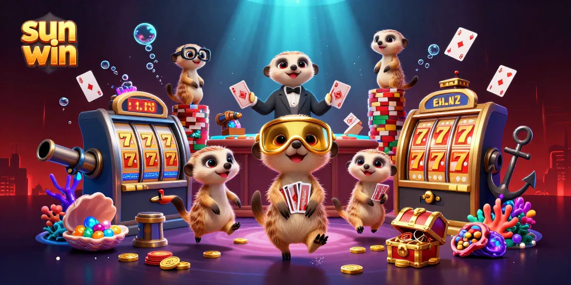 Experience the excitement of sun win at a vibrant meerkat casino with chip towers and slot reels.