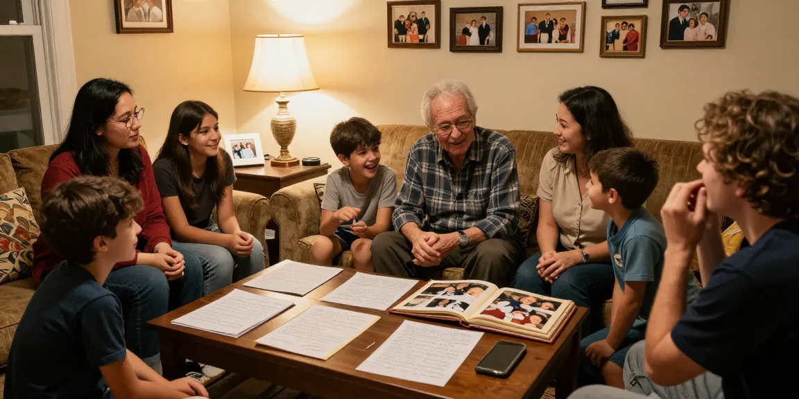 A family preserving stories through intheirwords.ai with a cozy gathering and shared memories.