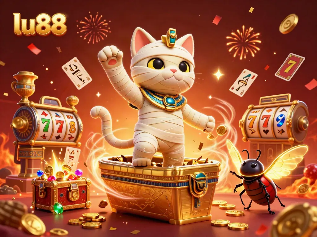 Experience thrilling gaming with LU88's vibrant Egyptian casino scene featuring a mummy cat and glowing scarab.