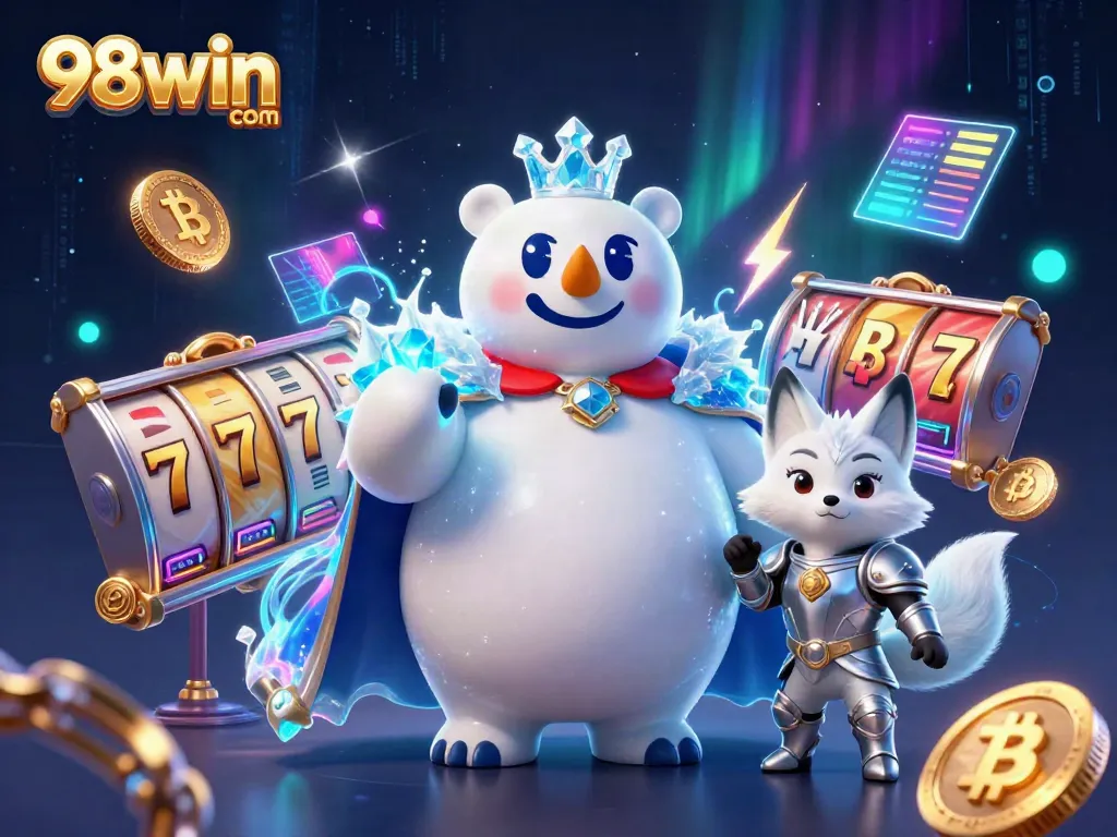 Play with 98win com amidst vibrant casino elements including slot reels and crypto coins in a stunning scene.