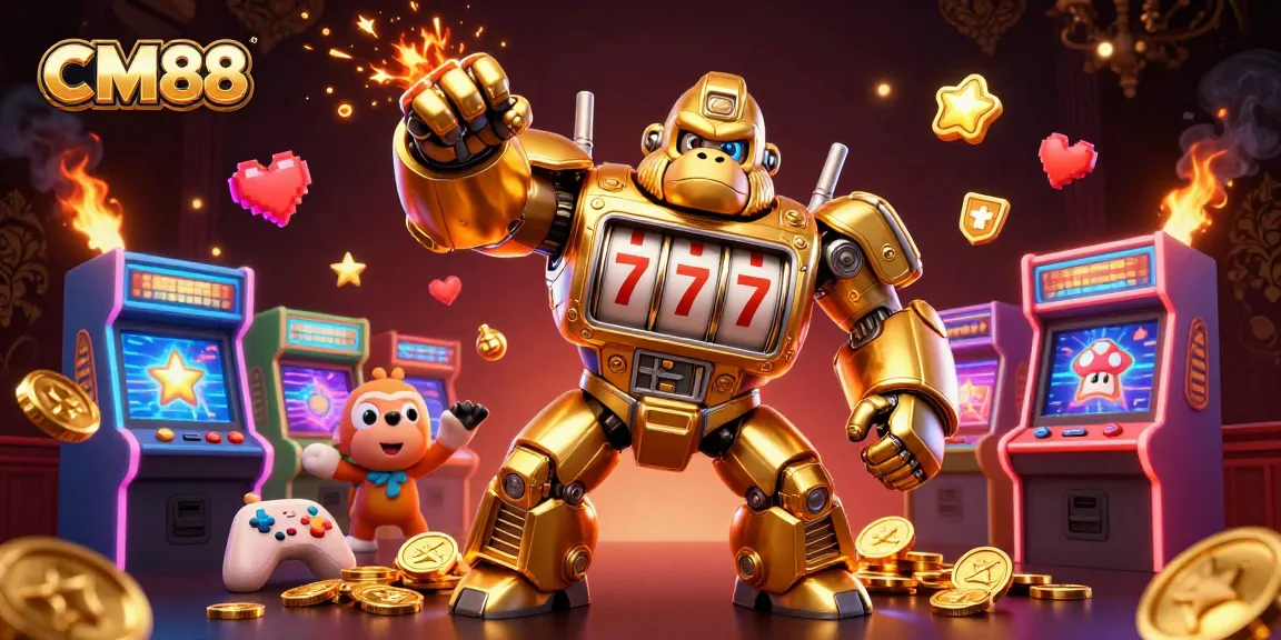 Experience thrilling gaming with CM88's captivating 3D casino illustration featuring a golden gorilla mech.