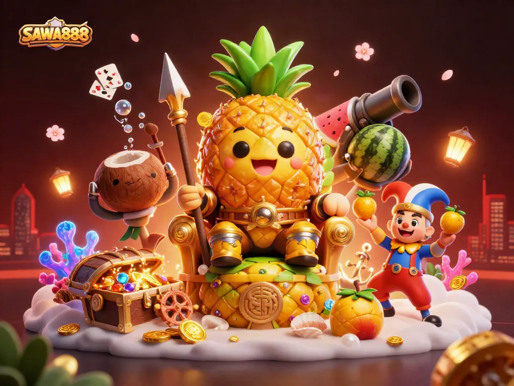Engage with SAWA888's vibrant beach casino scene featuring golden pineapple king and dynamic game elements.