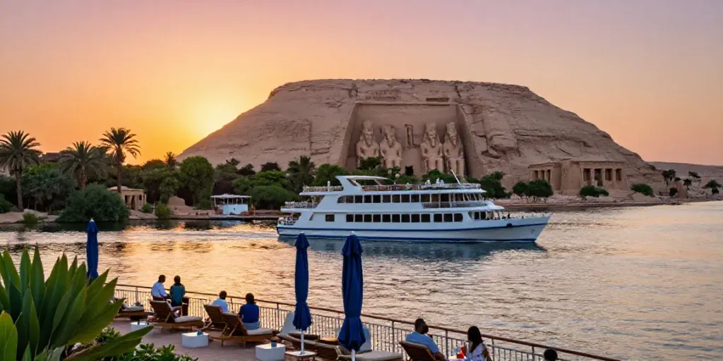 Luxury Lake Nasser Cruise ship enjoying a serene sunset over tranquil waters.
