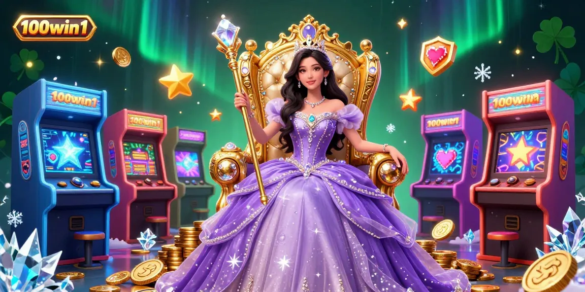 Engage with the exciting 100win1 casino experience featuring a royal character amidst arcade-style gaming elements.