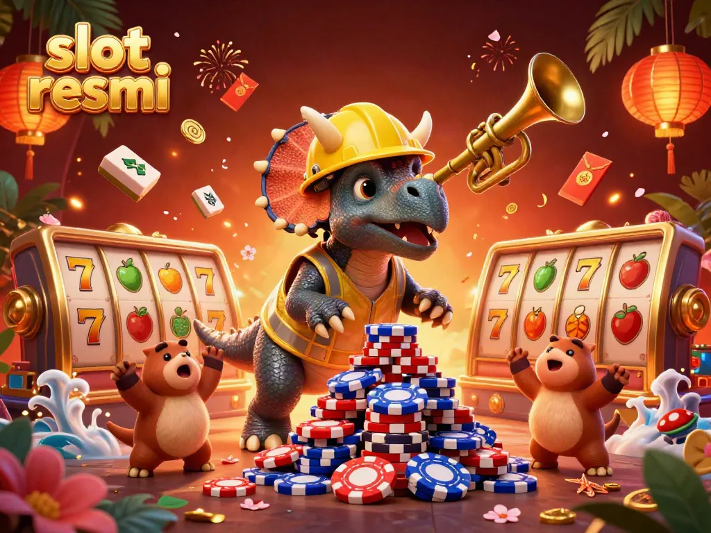 Play slot resmi with exciting characters celebrating big wins in a vivid casino setting.