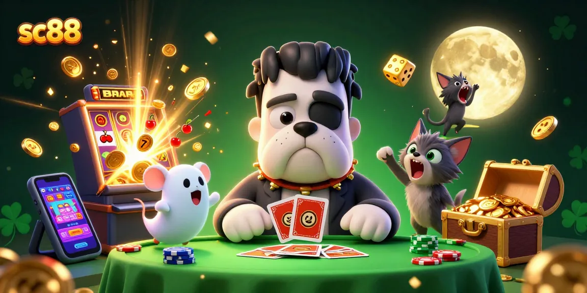 Engage with sc88's thrilling gaming experience featuring a unique cartoon scene with iconic characters and casino elements.