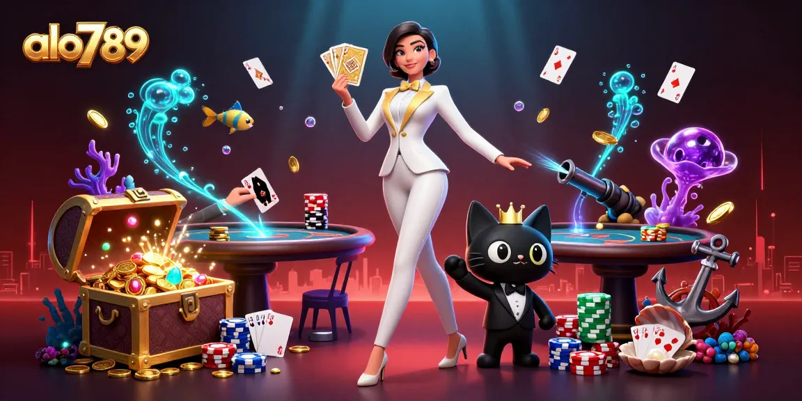 Alo789 showcases a glamorous woman in a tuxedo dealing cards alongside a cat in a mini tuxedo amid vibrant poker elements.