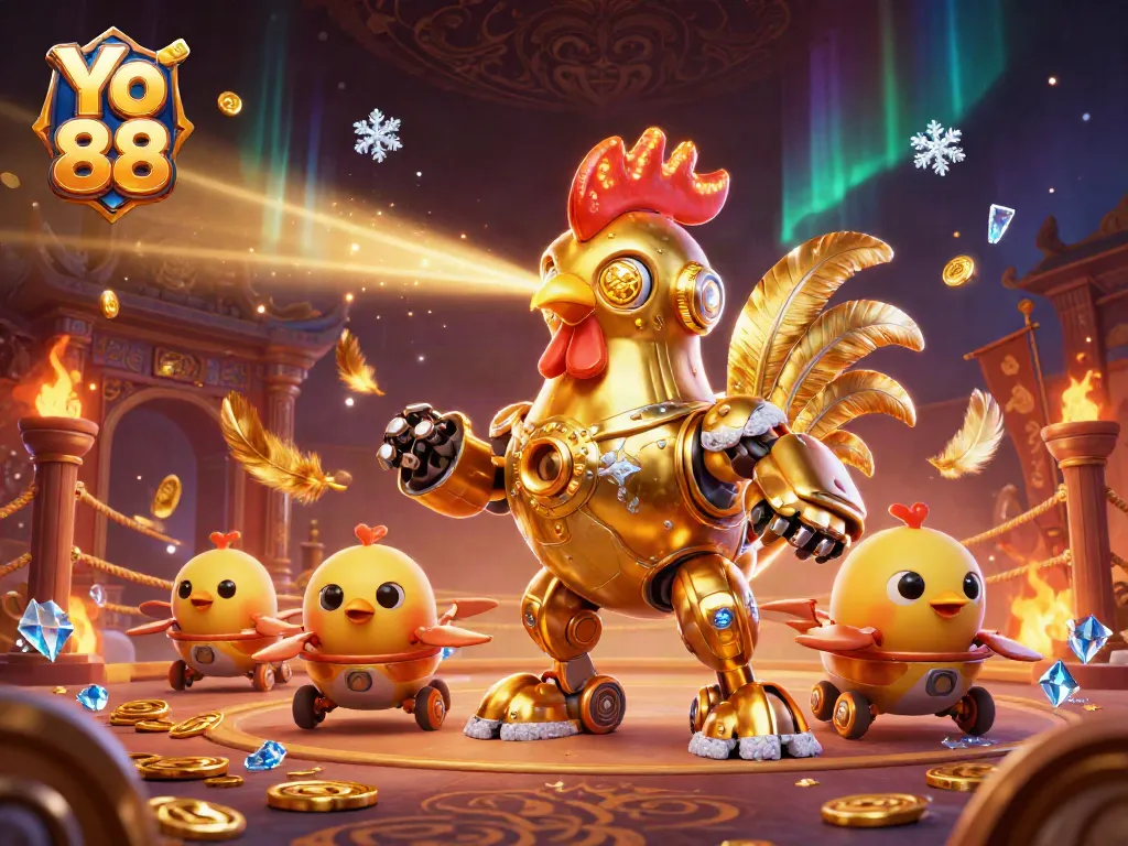 Yo 88 showcases a dynamic scene with a golden rooster robot, betting tokens, and vibrant casino elements.