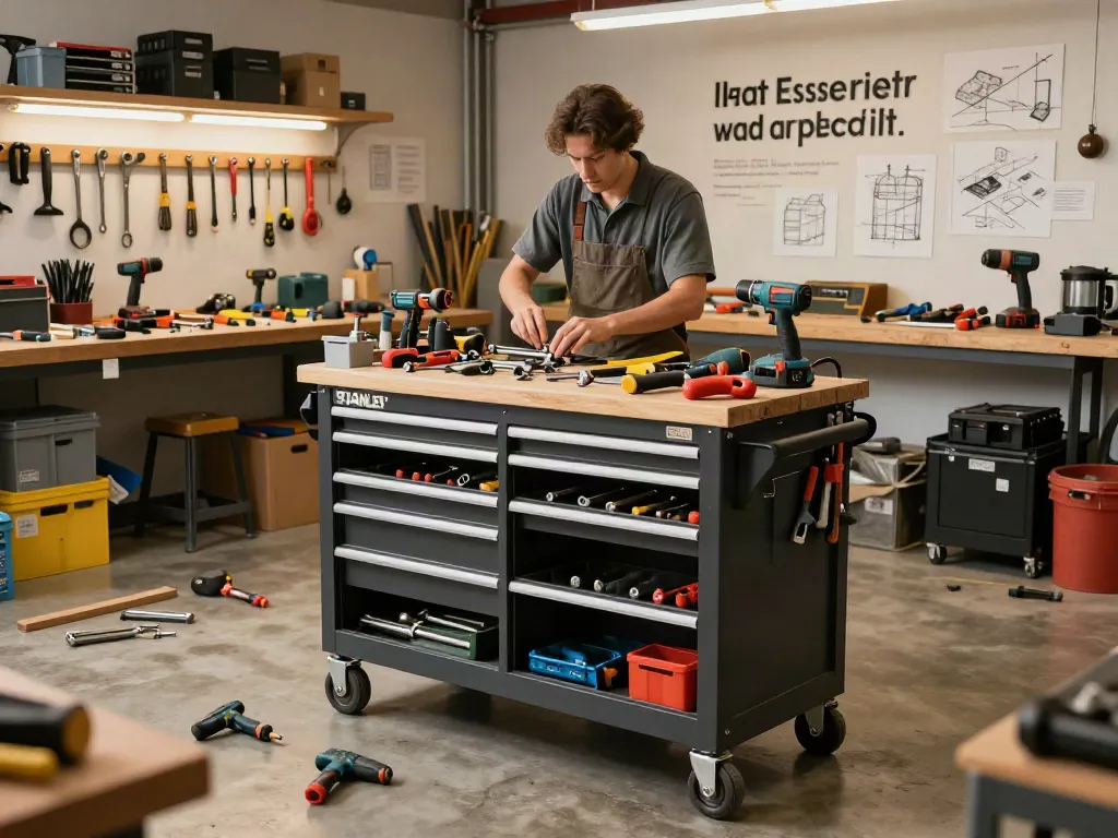 Skilled tradesperson organizing tools in a stanley essential rolling workshop in a well-lit garage.