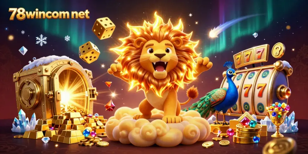 Experience the excitement of 78wincom net with a vibrant casino-themed illustration featuring a roaring lion, golden dice, and abundant treasures.