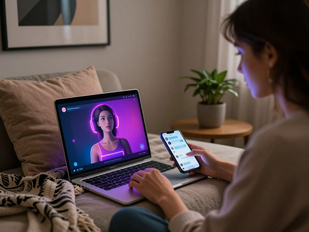 Engaging in ai sex chat on a laptop in a cozy modern setting, illuminated by soft ambient light.