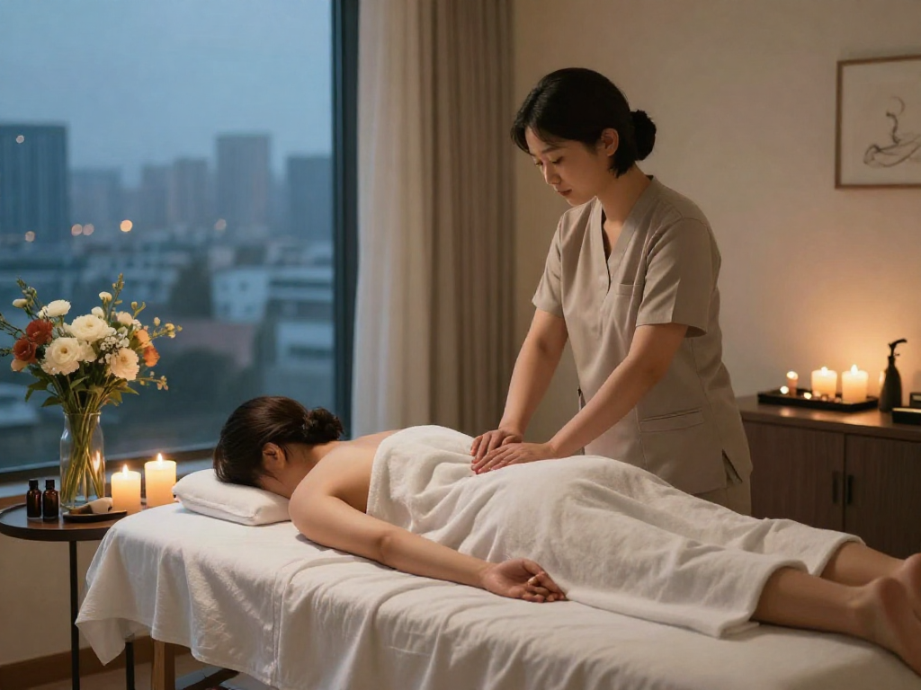 Experience a premium 강남출장마사지 in a calming home spa environment, featuring a therapist and elegant decor.
