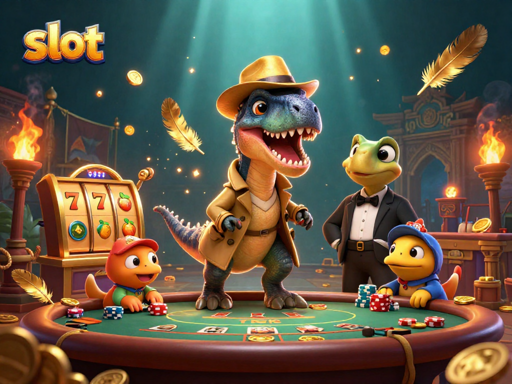 Engage in exciting slot gameplay with cartoon characters in a vibrant casino scene.