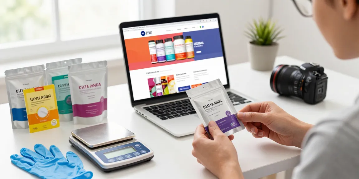 Inspecting crystal MDMA online in a bright workspace with high-quality packaging and digital shopping interface.