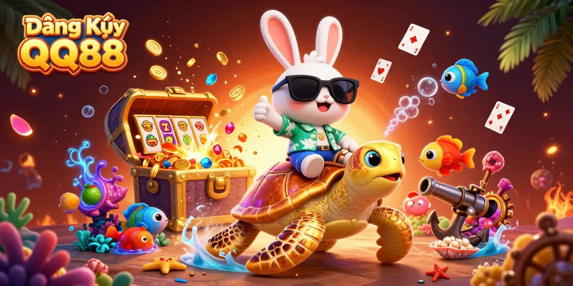 Join the excitement of Đăng Ký QQ88 as a lucky rabbit embraces winning with colorful casino elements.
