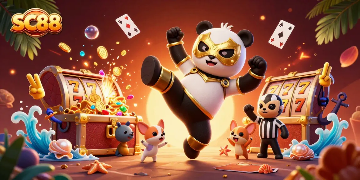 Engaging SC88 scene, featuring a panda wrestler kicking amidst slot reels and cheering animal fans.