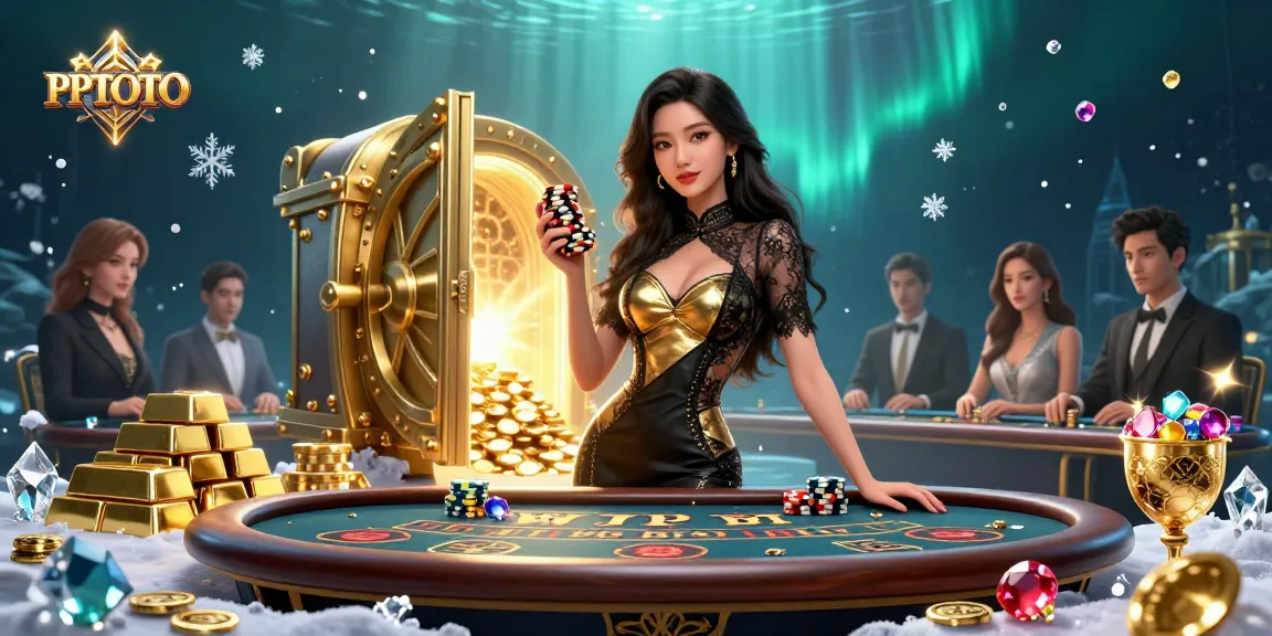 PPTOTO menampilkan seorang wanita Asia glamor di meja kasino VIP, dikelilingi oleh emas berkilauan dan permata.