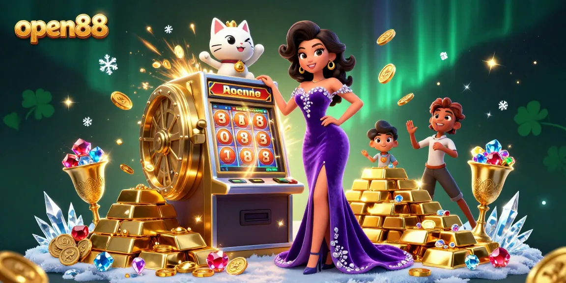 Win big with open88's jackpot slot scene featuring a glamorous woman, coins, and treasures.