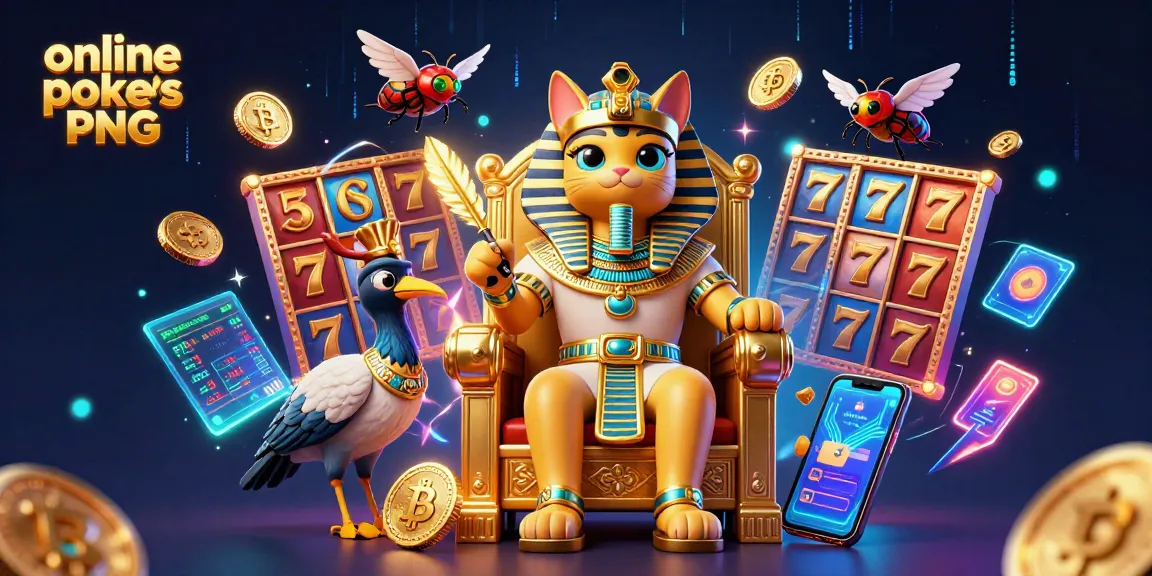 Spin and win at online pokies PNG with vibrant 3D pharaoh cat and slot machine elements.