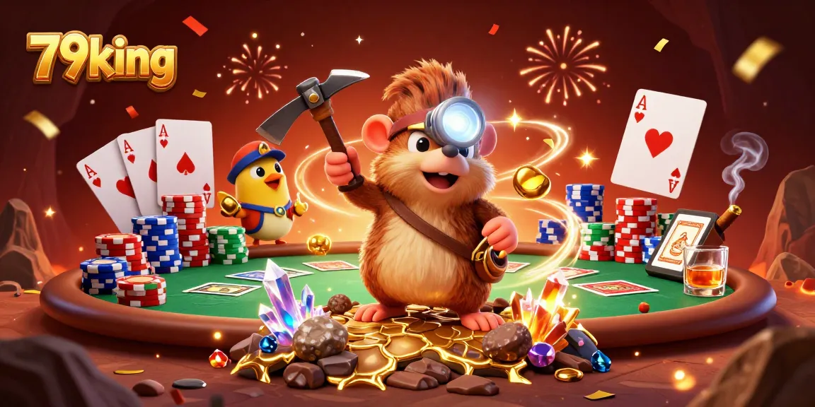 Join the 79king adventure with a treasure hunter mole amidst poker excitement and golden gems!