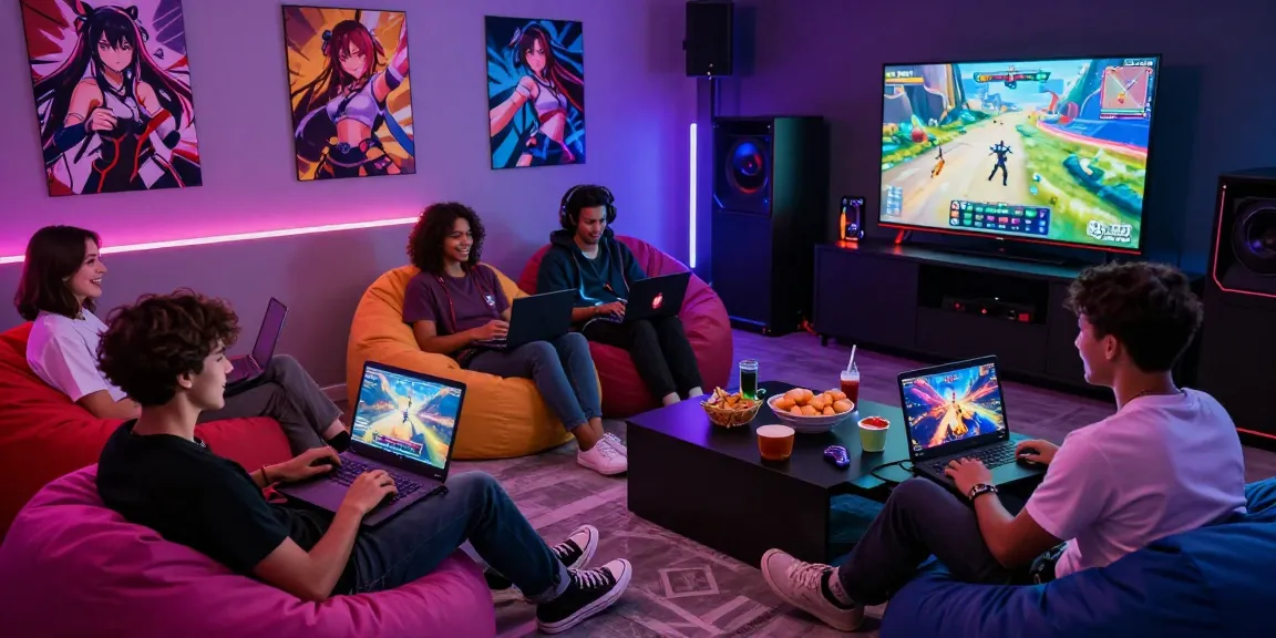 Exciting scene of gamers playing the latest hentai game in a vibrant, colorful gaming room.