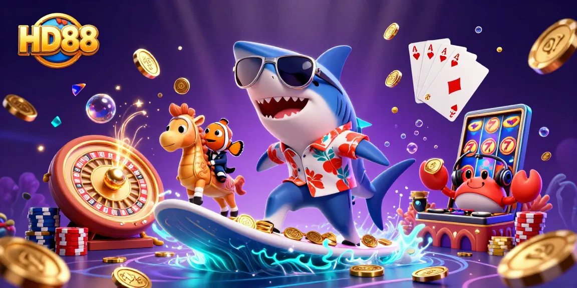 Experience the excitement of HD88 as the hammer-head shark surfs through a golden casino wave.