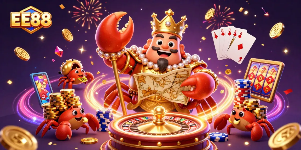 Experience thrilling gaming at EE88 with a vibrant scene featuring a golden crab emperor surrounded by treasure and casino elements.