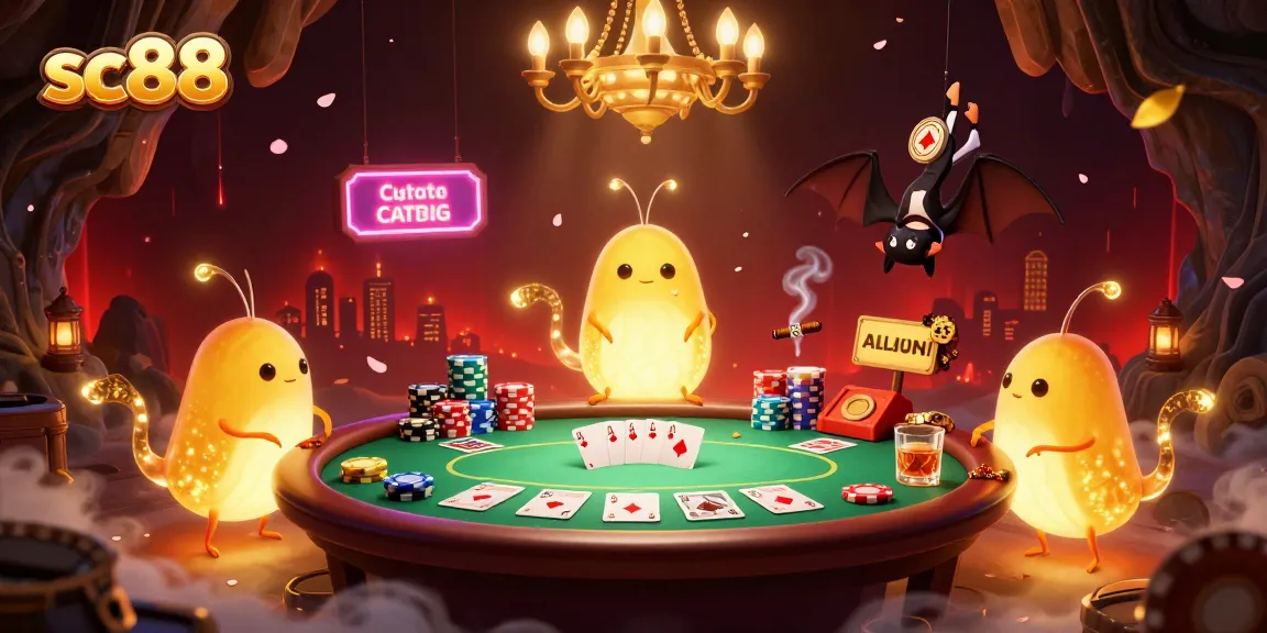 Engaging scene of glowworms illuminating the sc88 cave casino with poker elements and vibrant colors.