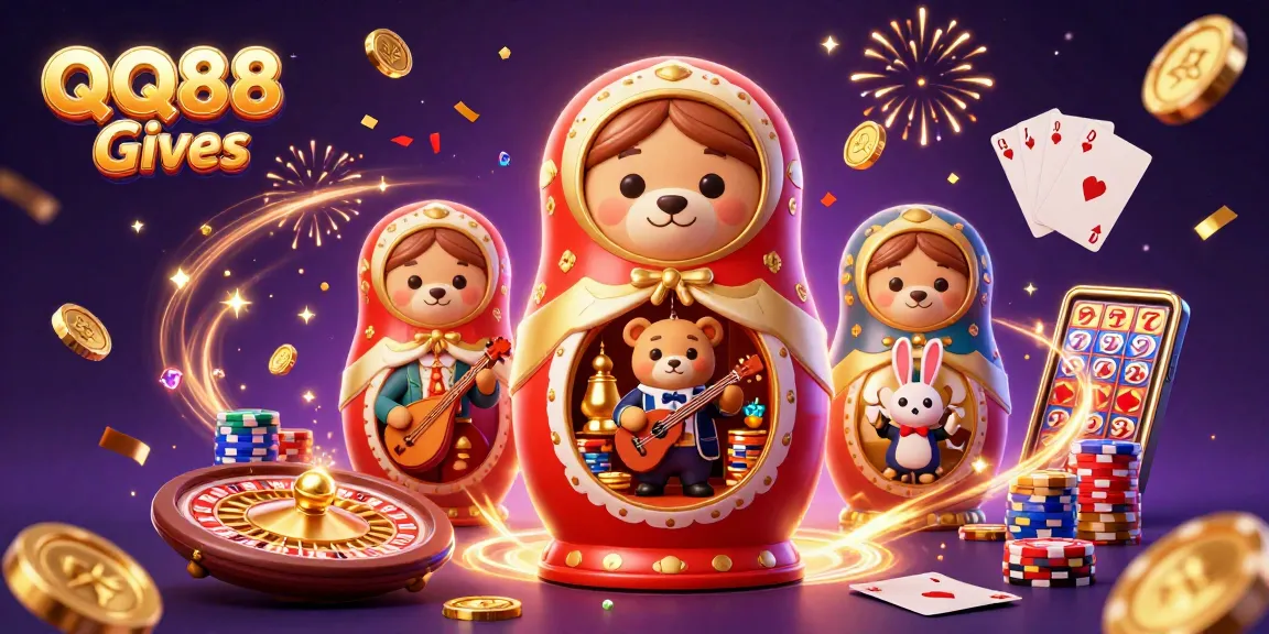 Experience exciting gaming adventures with QQ88 Gives in this vibrant 3D casino illustration.