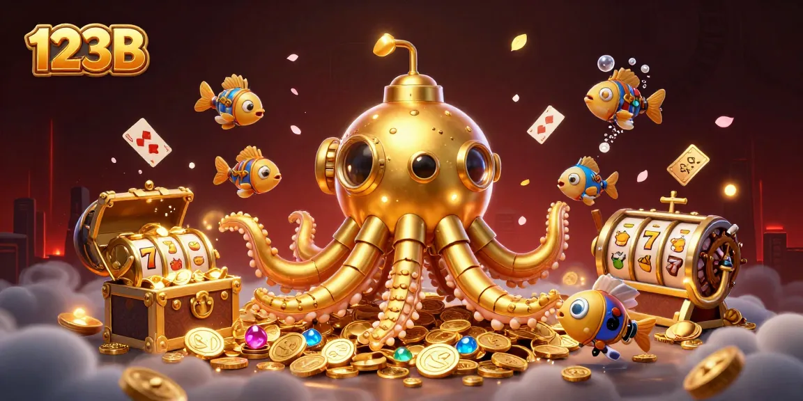 Engage in thrilling slots at 123B Casino with golden kraken amidst treasures and mechanical fish.