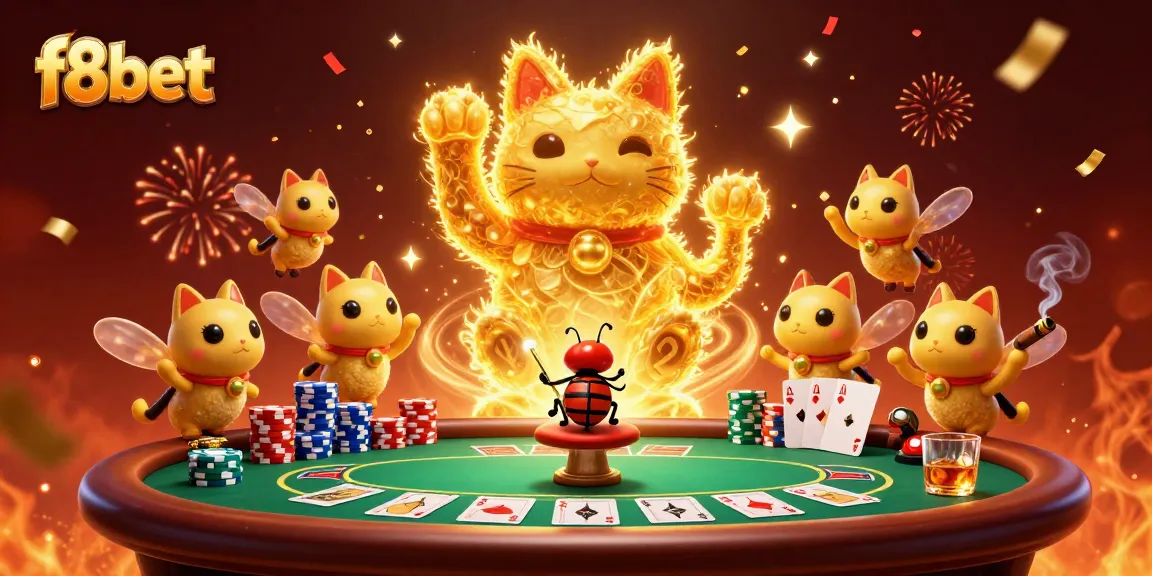 Win big at f8bet with a dynamic 3D illustration of a lucky cat and chips celebrating casino thrills!