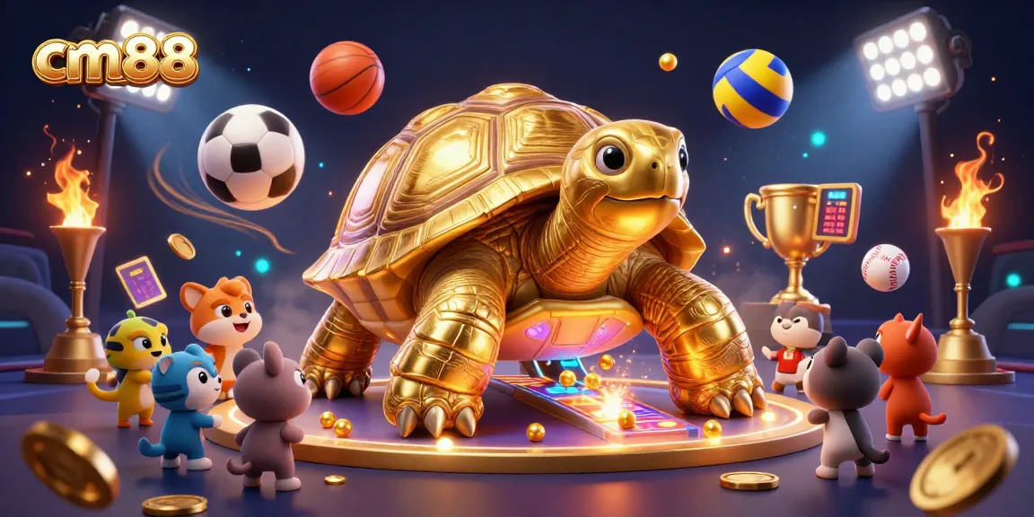 Bet on cm88 with an exciting 3D illustration showcasing a golden tortoise pinball machine in a vibrant casino atmosphere.