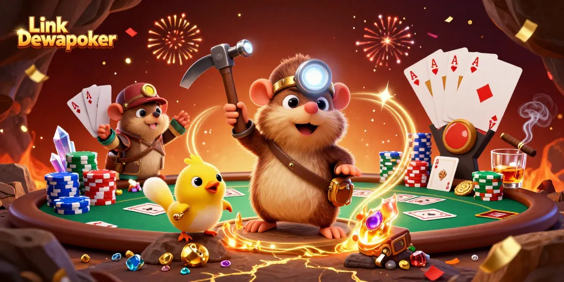 Experience thrilling gaming with Link Dewapoker as treasure hunter mole celebrates victory over poker challenges.