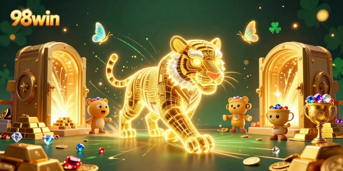 Engage in thrilling games at 98win with a vibrant casino scene featuring a gleaming golden tiger and treasures.