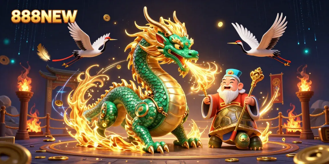 Experience thrilling gameplay with 888NEW through a vibrant 3D casino illustration featuring dynamic characters.