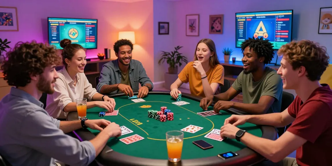 Friends enjoying a lively game night at home with LUCK8-themed games, snacks, and vibrant LED lights.