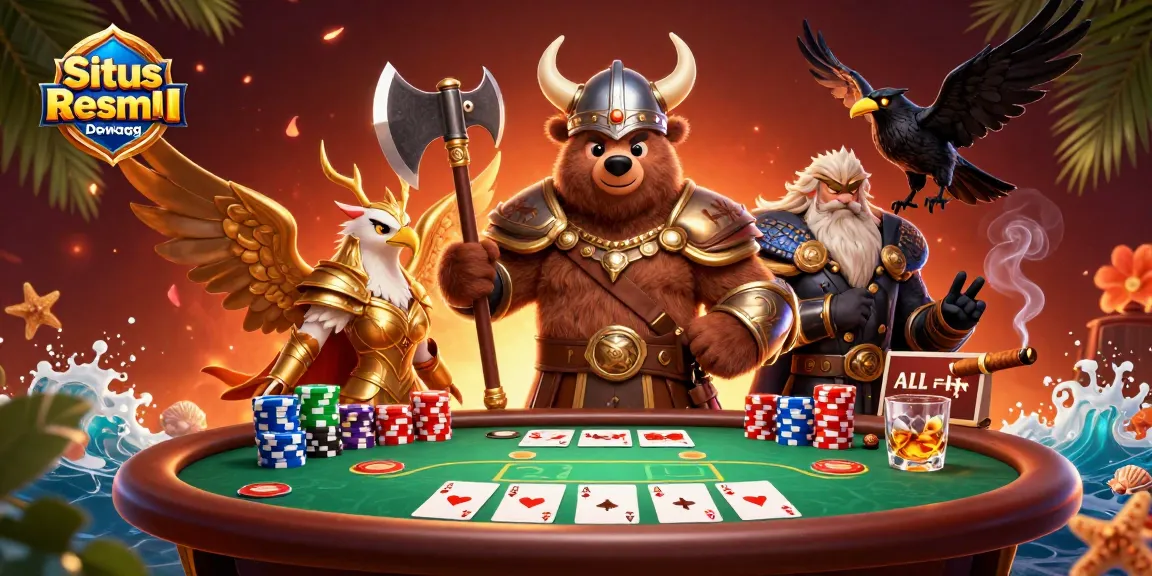 Situs Bola Resmi Dewagg showcases a vibrant 3D scene of a Viking bear and Valkyrie eagle amidst poker elements and dynamic casino atmosphere.