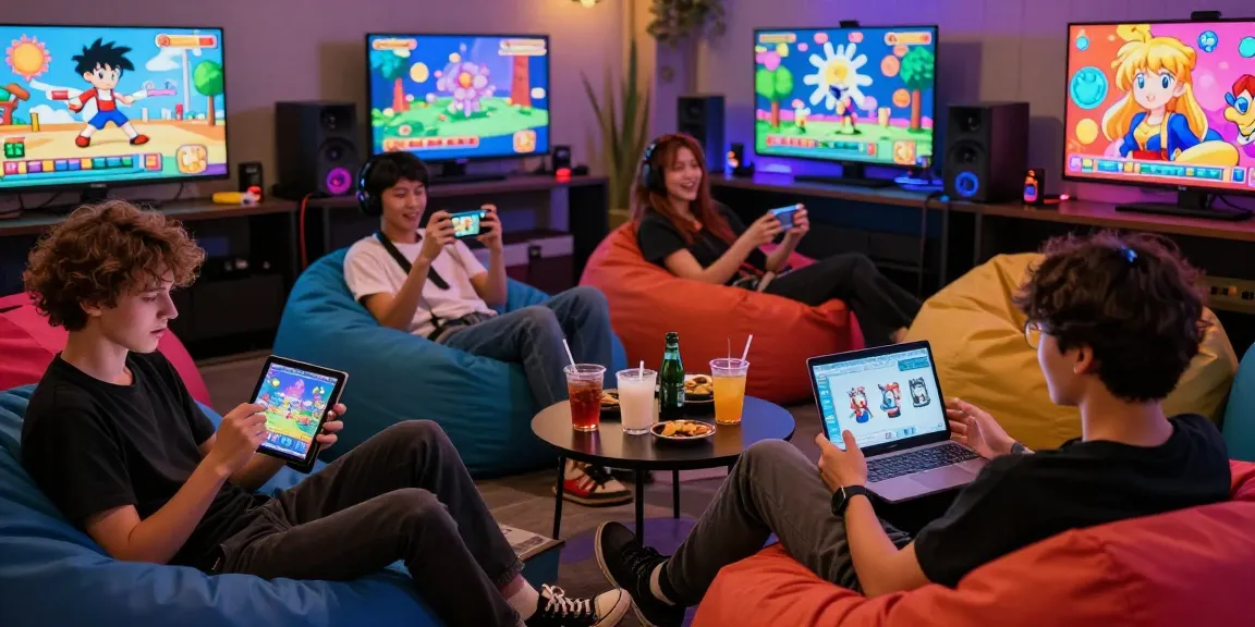 Play mobile hentai games with friends in a vibrant gaming lounge filled with excitement.