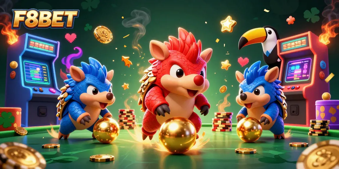 F8BET pangolins compete in a dynamic casino scene with poker chips and arcade machines.