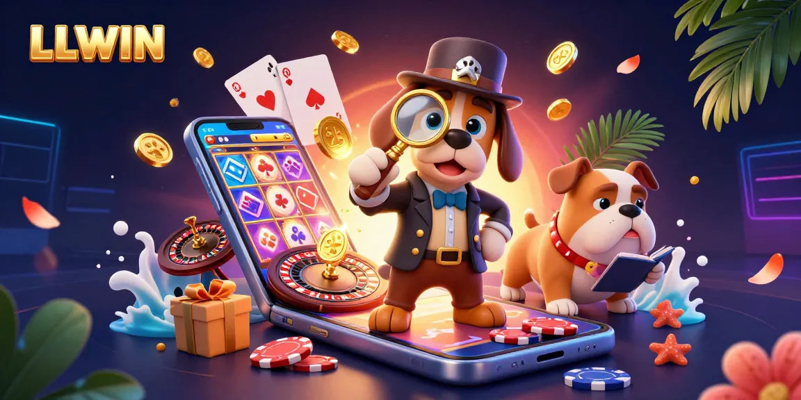LLWIN showcases a thrilling 3D scene of a detective and companion discovering a golden poker chip amidst dynamic casino elements.
