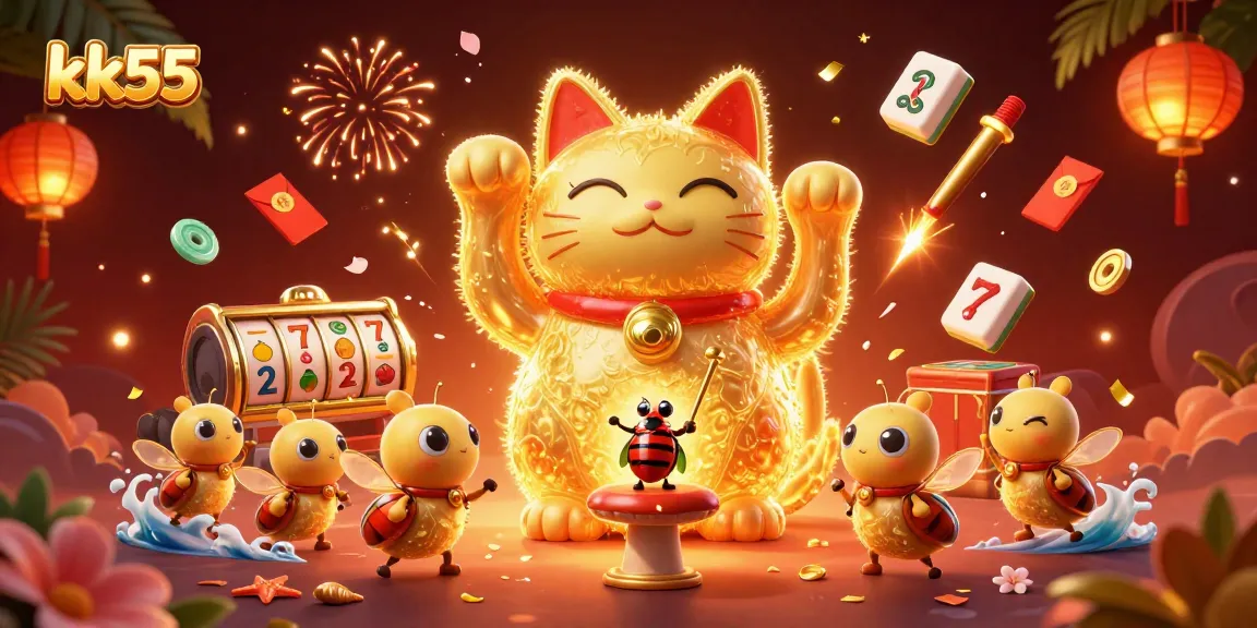 Engage in thrilling moments at kk55, featuring stunning lucky cat and vibrant casino symbols.