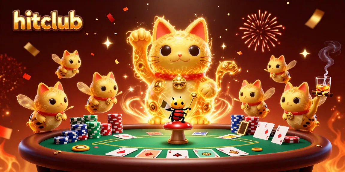 Experience engaging gameplay at hitclub with an animated lucky cat and poker elements.
