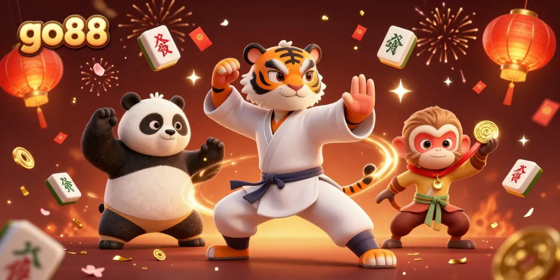 Experience thrilling fun at go88 with a cartoon kung fu master, panda, and monkey in a vibrant casino setting.
