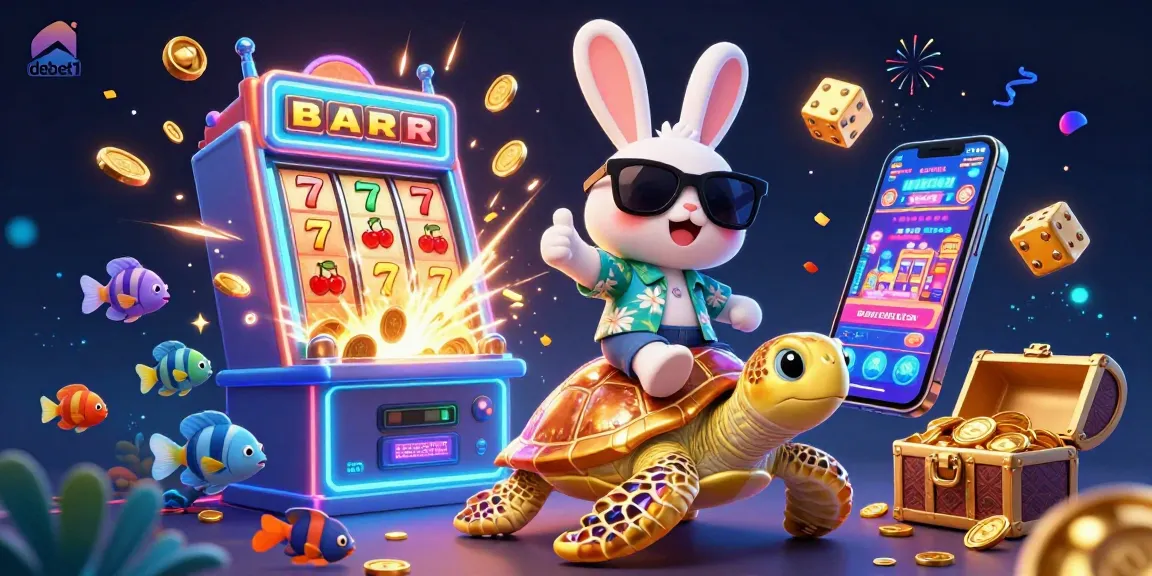 Engage with debet1 at a vibrant casino scene featuring a lucky rabbit and a golden turtle.