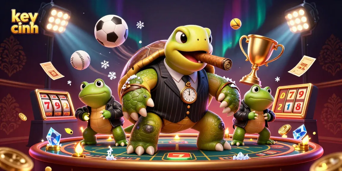 Engaging 3D scene of key chính showcasing a snapping turtle in a casino-themed setting with vivid sports elements.