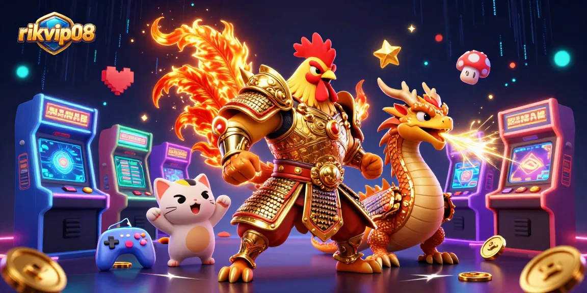 Experience the excitement of rikvip08 with 3D gaming characters and vibrant casino elements.